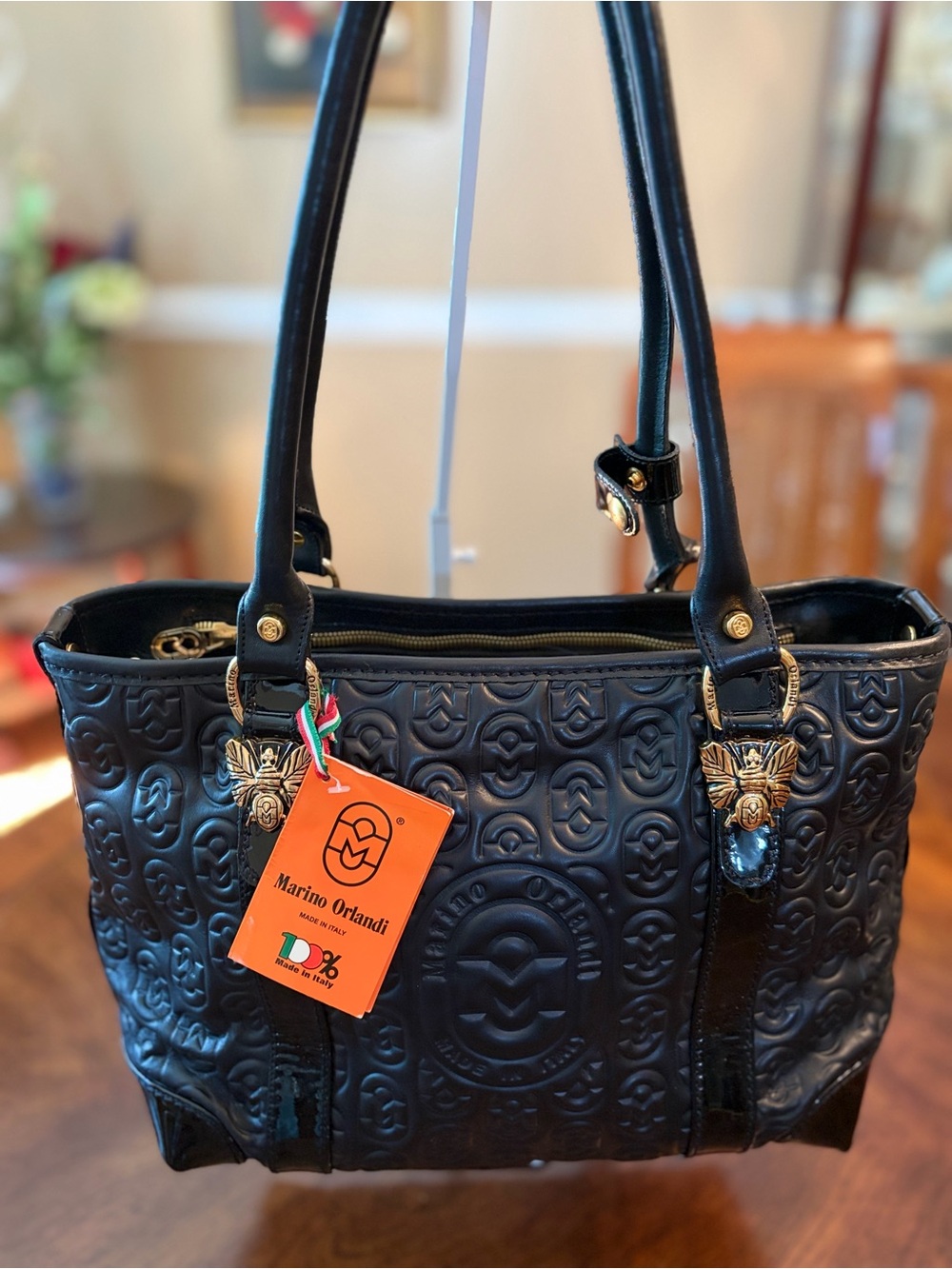 Marino Orlandi Black Quilted Patent Satchel with Gold Charm - Picture 3 of 12